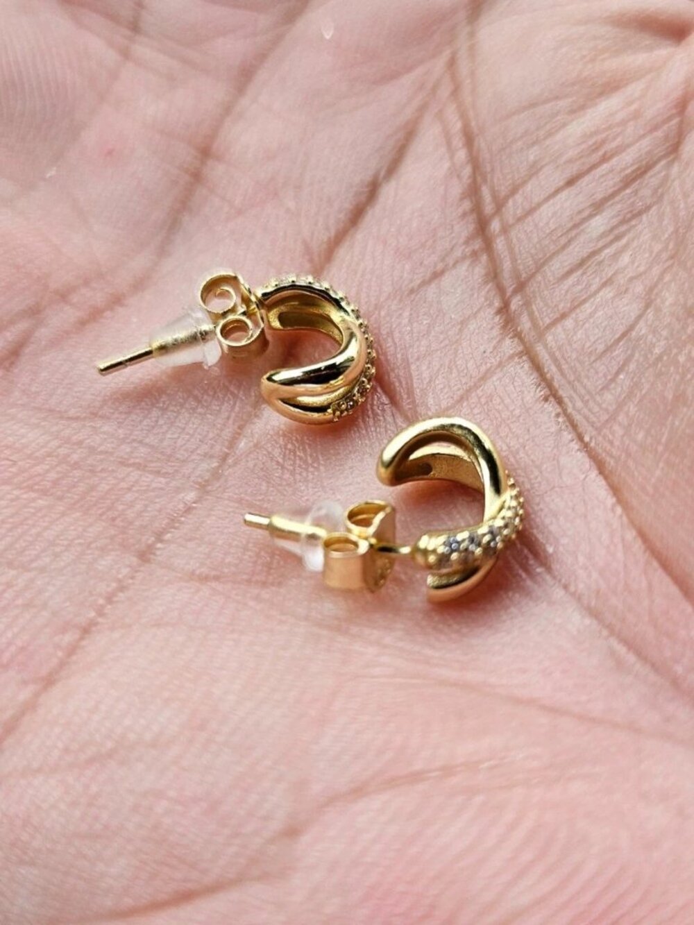 Gold Tone Twisted Hoop Earrings with Rhinestones Fashion Jewelry Stud Earrings - Picture 6 of 11